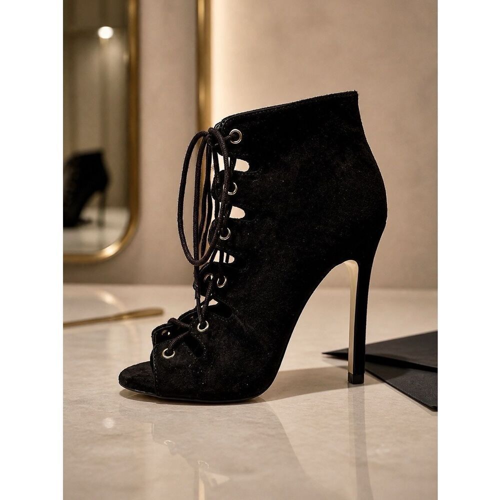 Black Faux Suede Lace Up Peep Toe Heels